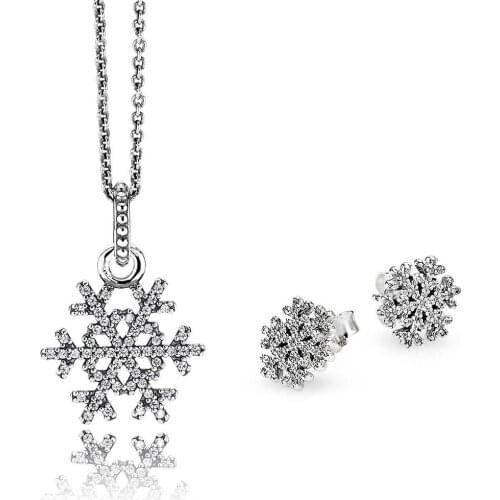 NEW 100% 925 Sterling Silver 1:1 Genuine Shiny Snowflake Earrings Pendant Necklace Charm Jewelry Set Original Women Jewelry