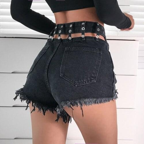 Summer Punk Denim Shorts Women Sexy Waist Back Eyelet Hollow Short Pants Pockets Zipper High Waist Short Pants Streetwear