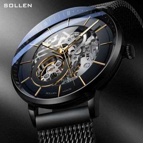 Switzerland Luxury Brand SOLLEN Automatic Men‘s Mechanical Watches Sapphire Waterproof Dual Skeleton Luminous Watch SL316