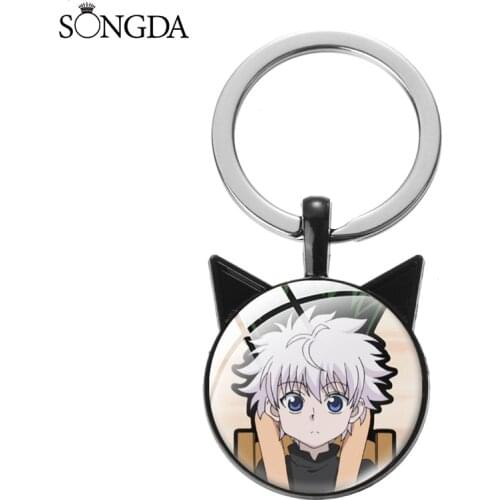 Japan Anime Hunter x Hunter Keychain Cat Ear Art Photo Glass Cabochon Black Key Chain Keyring For Fans Jewelry Gifts Accessories