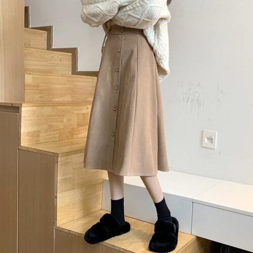 Vintage Mid Length Skirt for Women Spring Autumn Single Breasted Long Brown Skirts Korean Style faldas largas mujer skort
