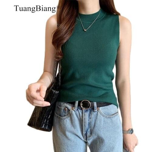 Half Turtleneck Summer Sleeveless Women Knitted T-Shirts Ice Silk Lady Vest Cool Female Tshirts 2021 Slim All-Match Elastic Tops