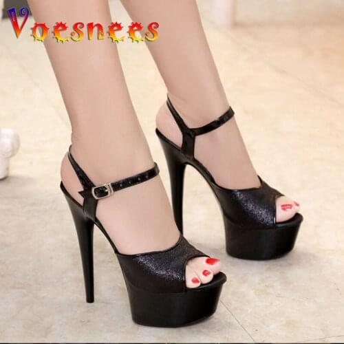 Black 2019 Sexy Thick Bottom Car Models Shoes 15cm High-heeled Silver Sequins Front & Rear Strap Sandals Plus Size 34-43