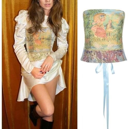 Women Sexy Strapless Bustier Crop Top Retro European Painting Print Corset Bandeau Criss Cross Lace-Up Backless Aesthetic