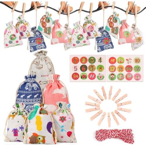 24pcs Christmas Gift Bags Candy Pouch Xmas Decoration Sacks Halloween Party Supplies Tree Pendant Bag Sticker Clip Rope Set