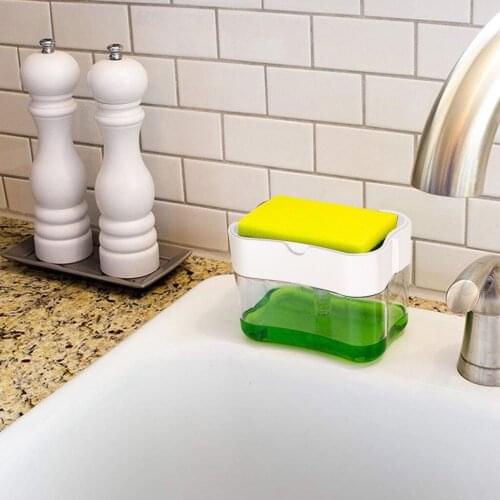Home Kitchen Hand Tool 2-in-1 Sponge Caddy Rack Manual Press Dish Cleaning Liquid Soap Dispenser Holder Container Pump Organizer