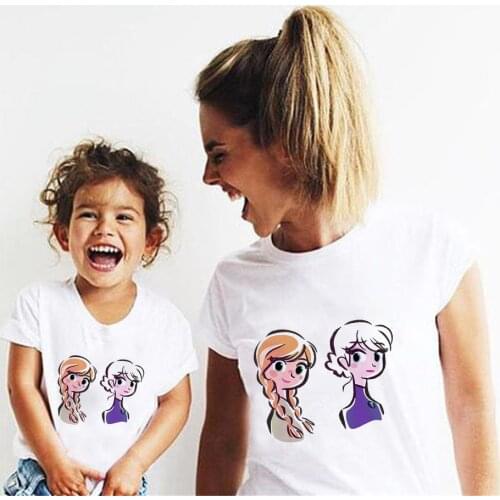 Graphic Tees For Family Kids Children Summer Short Sleeve Casual White O-neck Tshirts Disney Princess Mother Daughter Tops