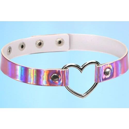 Harajuku style reflective laser metal hollow love punk necklace neckline women and short leather collarbone chain