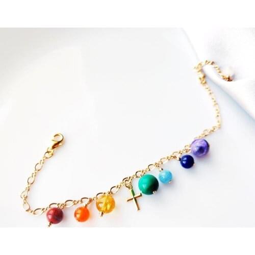 Lii Ji 7 Chakra Healing Natural Stone Power Bracelet Aquamarine Citrne Charoite Cross Charm US 14K GF Cold Chain Bracelet