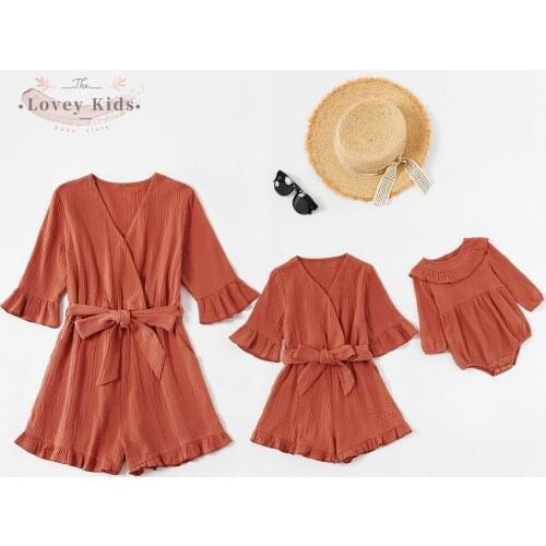 2021 Spring Family Matching Romper Playsuit One Piece Mother Daughter Set Kids Baby Girls Bandage Ruffle Solid Bodysuit