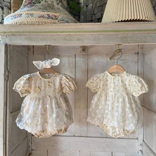 Infant Baby Girl Floral Princess Clothes Set New Summer Fashion Short Puff Sleeve Lace Romper Overall Cute Party Birthday Dress