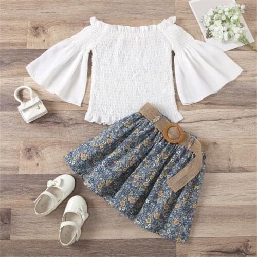 Girls 2Pcs Summer Clothes Sets Solid Color Flared Sleeve Ruffled Boat Neck Tops with Flower Printed Skirt 1-6 Years