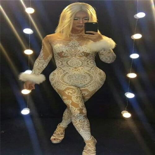 S36 Nightclub ballroom dance costumes sexy stage show dress wears dj disco Lace feather jumpsuit catwalk bodysuit bar performan