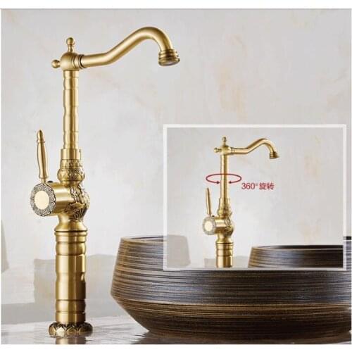 Basin Faucets Deck Mounted Single Handle Bathroom Basin Mixer Tap Antique Bronze Crane High Quality Hot & Cold Water