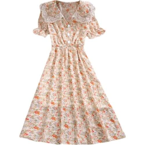Mori Girl Summer Women Floral Dress Peter Pan Collar With Lace Buttons Floral Chic Dress Vintage Chiffon Midi Female Dress