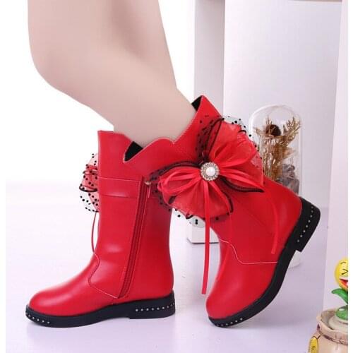 Princess high boots beautiful butterfly-knot children boots high quality waterproof girls boots zipper kids warm winter shoes