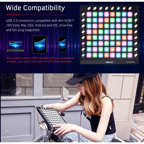 WORLDE ORCA PAD64-A Portable USB MIDI Drum Pad ControllerBacklit Pads 24 Buttons Built-in 128MB Sound Module with USB Cable
