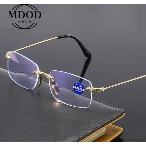 Eye protection Anti-blue reading glasses multi-focus distance and near dual purpose Double light gold frame Rimless trim glasses