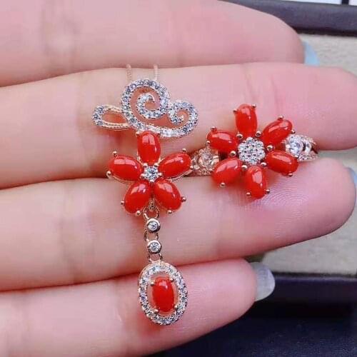 Boutique Five Leaf Pattern Red Coral S925 Set Pendant Necklace Ring Fine Fashion Jewelry For Women Free Shipping MeibaPJFS