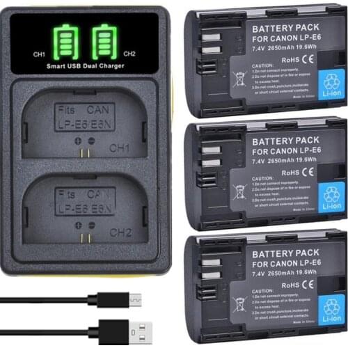 3pc 2650mAh LP-E6 LPE6 lp e6 LP-E6N lpe6n Camera battery+LCD USB Charger for Canon EOS 5DS 5D Mark II III 6D 7D 60D 70D