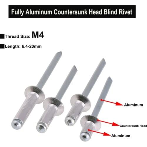 Totally Aluminum Flat Countersunk Head Blind Rivets M4 Length 6.4-20mm