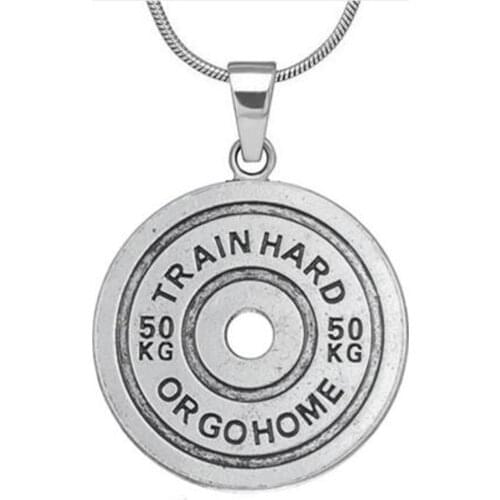 Antique Silver Plated Train Hard or Go Home Weight Plate Pendant Necklace Barbell Weightlifting Fitness Crossfit Men Jewelry