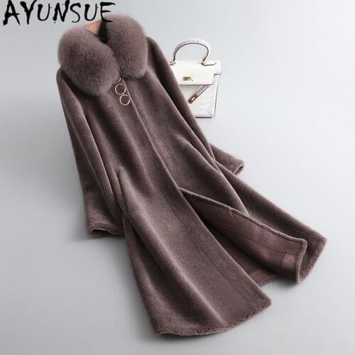 AYUNSUE Womens real Fur Coat 2020 100% Wool Woman Jacket Warm Winter Coat Women Fox Fur Collar Plus Size Manteau Femme Hiver