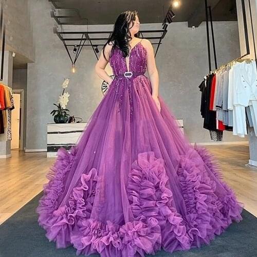 Ball Gown Beaded Prom Dresses 2021 Long Spaghetti Straps Deep V Neck Formal Evening Party Gowns Robe De Soiree