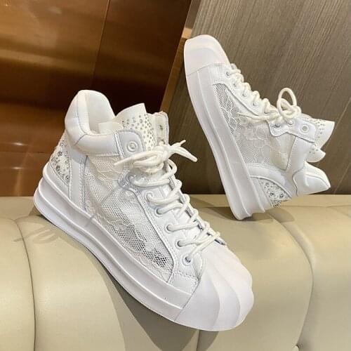 White Shoes Womens Summer Thin Breathable Mesh Shoes Board Shoes 2021 New Versatile Platform Casual High-Top Canvas Shoes