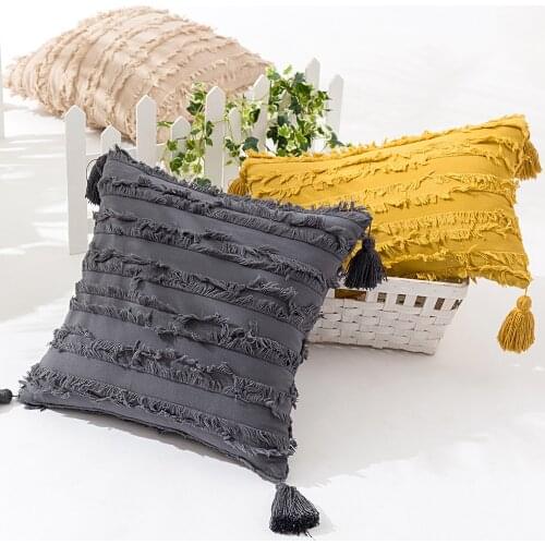 Home Decoration Sofa 18" Cushion Cover Floral White Tassels Square Pillow case Yellow Ivory Grey Cotton Pillow Cover 45x45cm