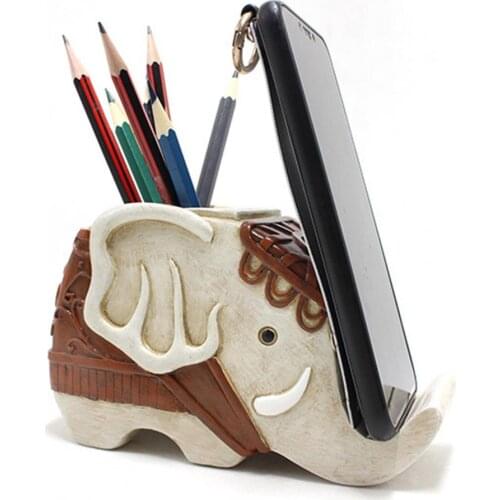 Phone Holder Stand Cute Pen Holder Bracket DIY Wooden Elephant Shape Mobile Phone Holder with Pen Holder Desk Organizer