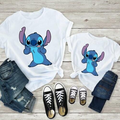 Cartoon Lilo &Stitch Tshirt Family Matching Clothing Father Son Daughter Mother T-shirts Korean Street Fashion Children Clothes