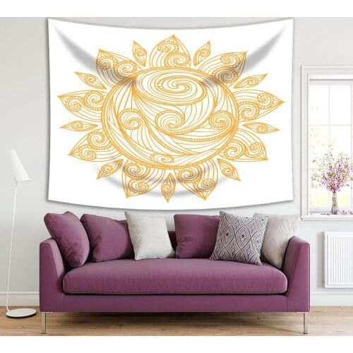 Tapestry Golden Sun with Curvy Lines Floral Tribal Patterns Luxury Theme Doodle Style Art Yellow White