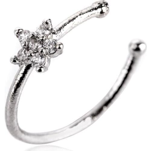 1pcs Stainless Steel Circular Nose Ring Nose Clip Punk Small Thin Clear Rhinestone Flower Lip Ear On Fake Piercing Circular