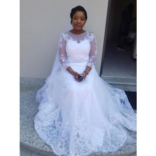 African Long Sleeves Lace Mermaid Wedding Dress with Appliuqes Sweep Train Tulle Plus Size Bridal Gowns Vestido De Noiva