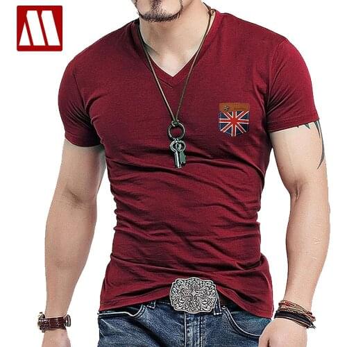 Mens Fashion UK Union Flag Leather Short Sleeve T-shirt Men Casual Slim Shirt V Neck Hommre mock pocket Tees shirts Big Size 5XL