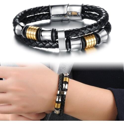 Cyue Wholesale European Black Braided Leather Bracelet Stainless Steel Charms magnetic Buckle Wristbands For Men Women Jewelry