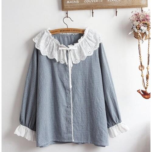 Lamtrip Boutique Plaid Lace Drap Peter Pan Collar Long Sleeve Shirt Blouse Lolita Kawaii Top