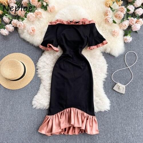 Neploe Sexy Slash Neck Knee-length Dress Elegant Office Lady Contrast Color Flare Sleeve Femme Robe Patchwork Ruffles Vestidos