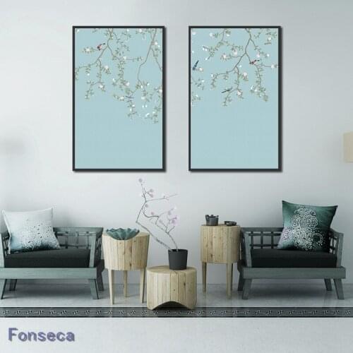 Nordic Plum Blossom Flower And Bird Poster Blue Background Decorative Canvas Painting Wall Art Modular Pictures For Home Design