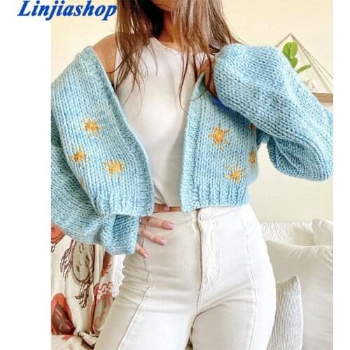 Super chic autumn winter sweaters femme clothes cropped open stitch cardigan vintage cute handmade crochet knitted sweater