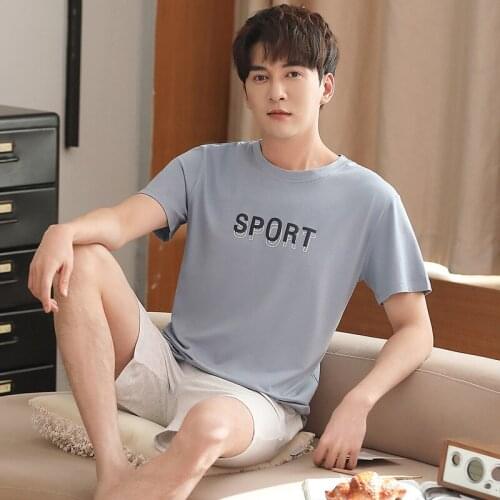 Loose Summer Men Pajamas Sets 2PCS T-Shirt&Shorts Pyjamas Cotton Sleep Suit Sports Sleepwear Nightwear L-3XL Home Clothes
