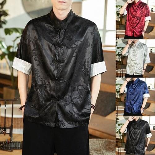 Traditional Chinese Asian Fashion Linen Shirts Dragon Printed Cardigan Top Jackets Coat Tang Suit Hanfu Oriental Kung Fu Uniform