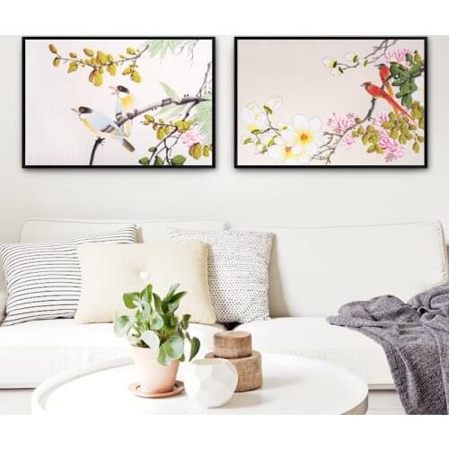 Traditional Chinese Painting Canvas Print Vintage Poster Flowers And Two Birds On The Tree Pictures Living Room Wall Art Decor