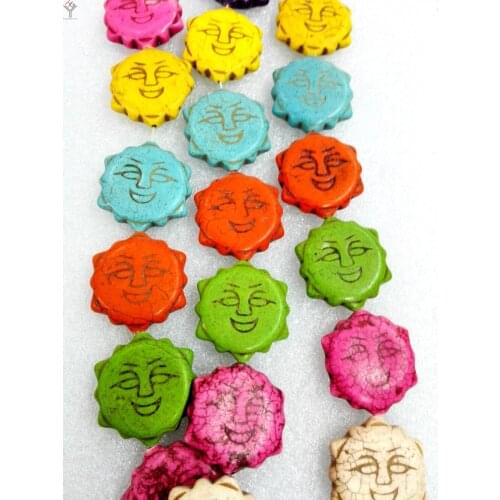 Total 12 pcs beads 33mm carved shining sun Bright Multi-color mixed howlite stone Loose Beads