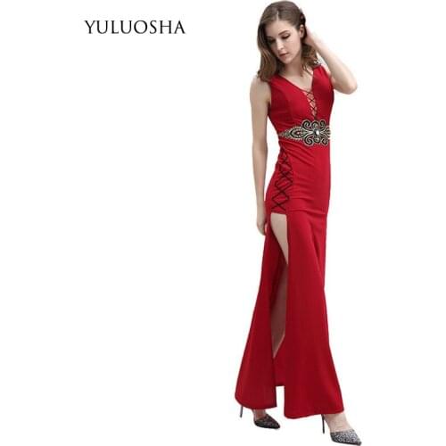 YULUOSHA Prom Dress Long Vestido Con Piedreria Sleeveless Sexy Gown V-Neck Vestidos De Fiesta Largos Elegantes De Gala 2020
