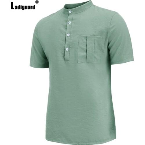 Ladiguard 2021 Single-Breasted Shirt Basic Linen Tops Summer Casual Pullovers Solid Mens Blouse with Pocket Sexy Men clothing