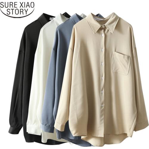 2021 Autumn Office Lady Solid Shirt Polo Collar Korean Loose Long Shirt Women Blouse Fashion Clothing Women Shirts Blouses 11307