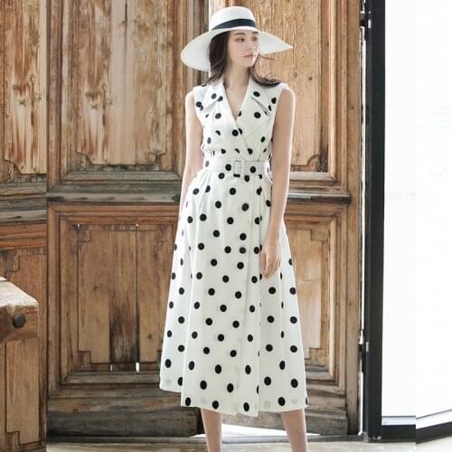 Womens Summer Sundresses Elegant Polka Dot Dress 2021 Korean Clothing Fashion Holiday Sleeveless Maxi Dress Femme Robe