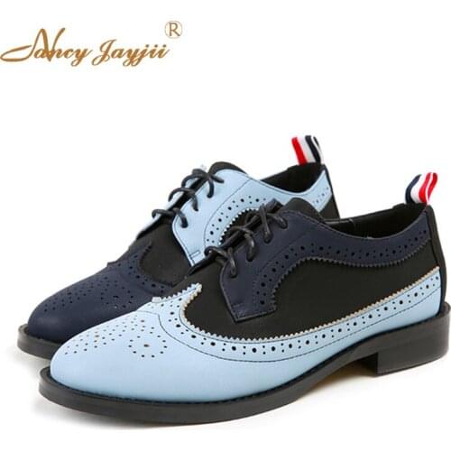 Ladies fashion black and blue color matching 2019 flat spring and autumn round head short heel flat casual oxford shoes